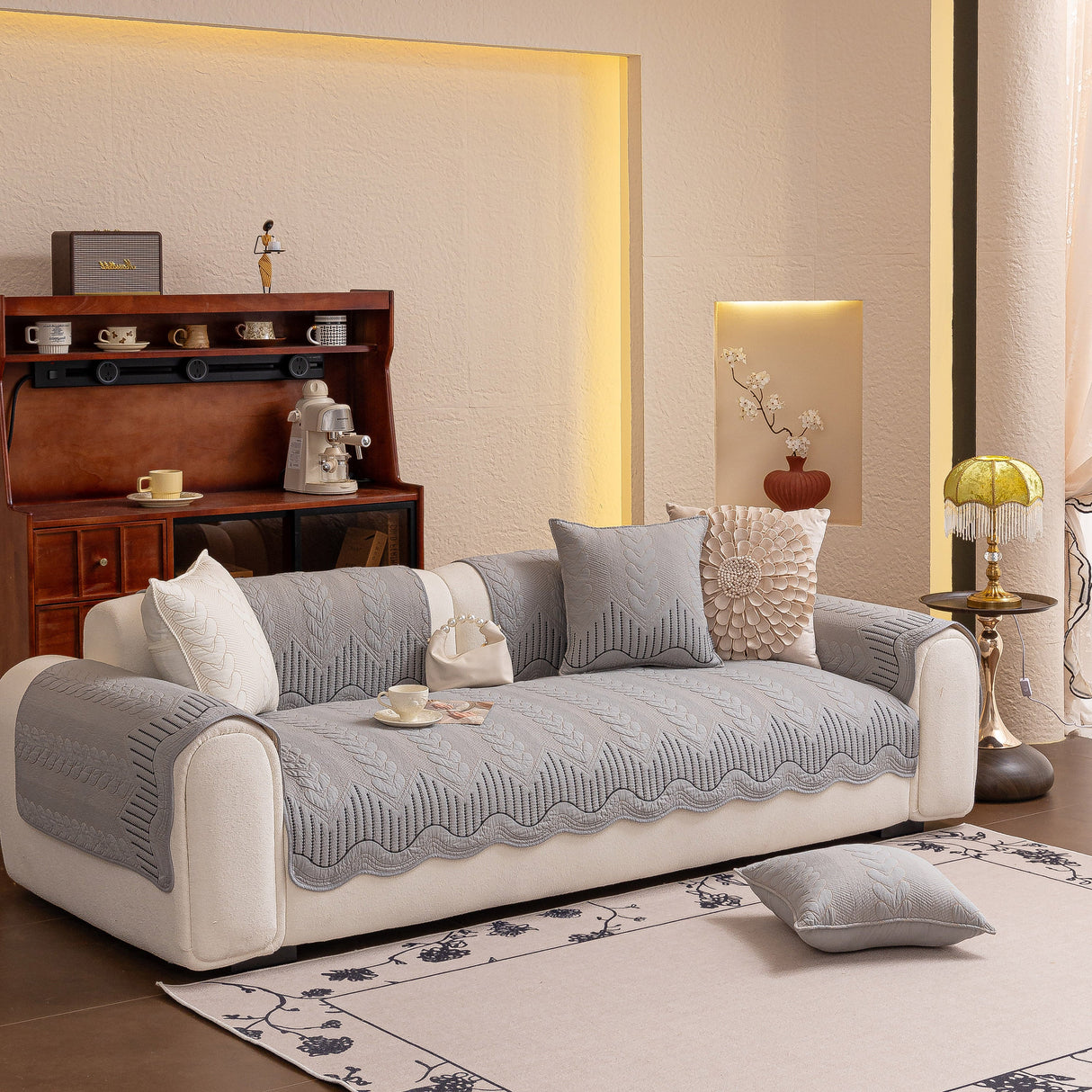 3D Quilted Thick Cotton Sofa Cover Non-Slip Couch Throw for Fabric & Leather Sofas