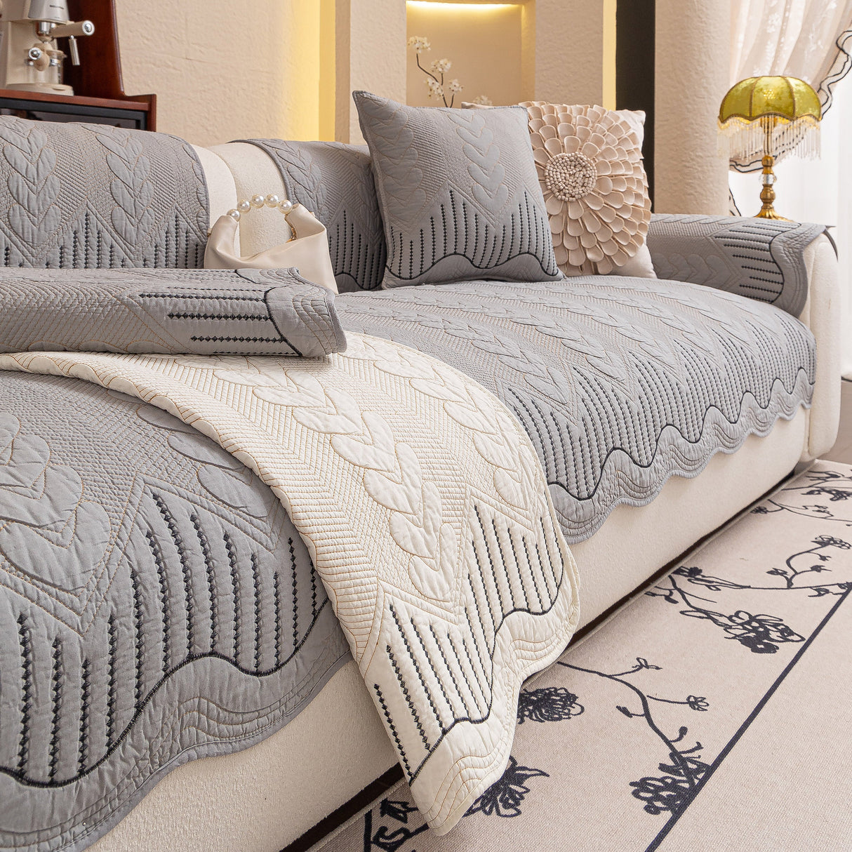 3D Quilted Thick Cotton Sofa Cover Non-Slip Couch Throw for Fabric & Leather Sofas
