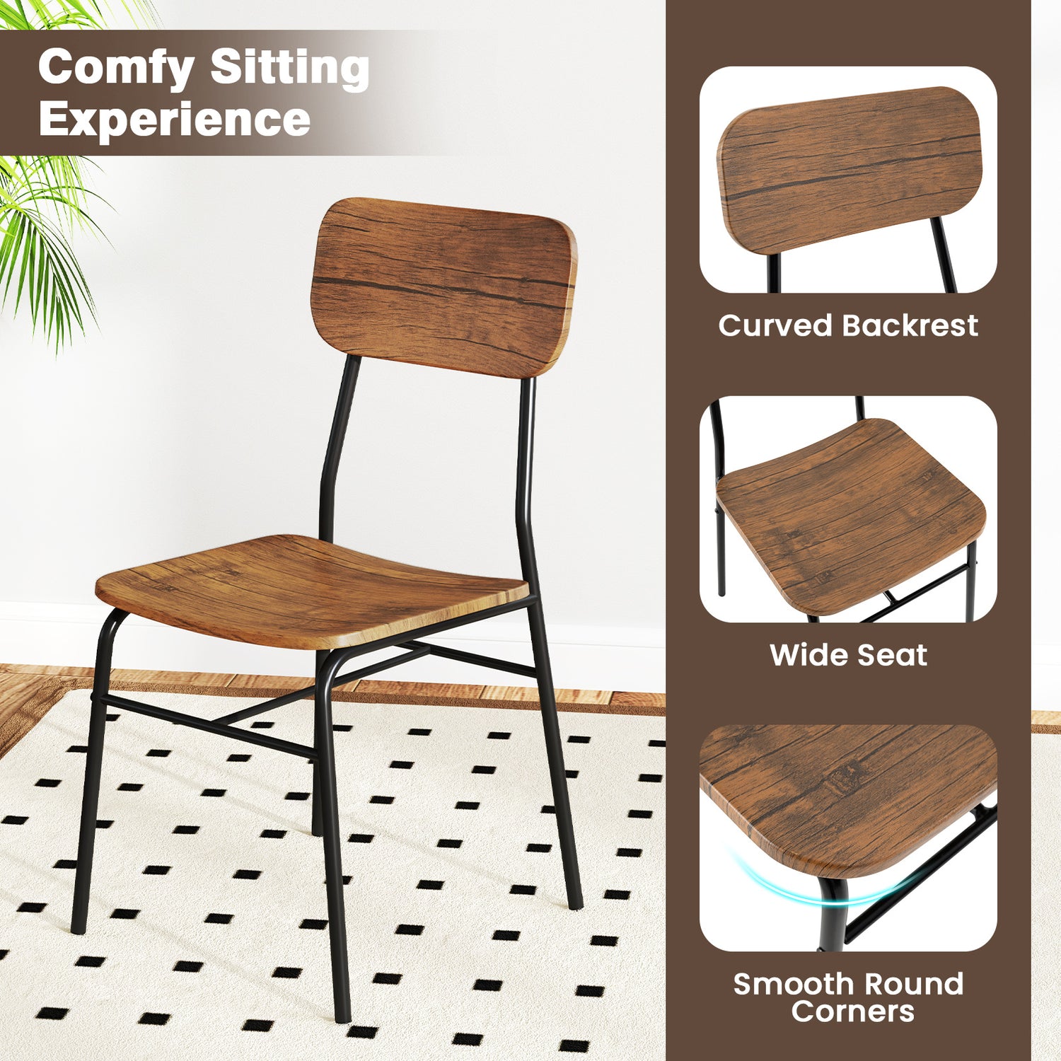 3 Piece Dining Table Set for 2 Wood Square Table with Metal Frame-Brown