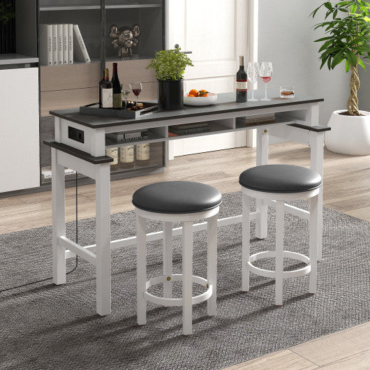 3-Piece Home Bar Set with 2 Upholstered Bar Stools  Outlets and USB Ports-Gray