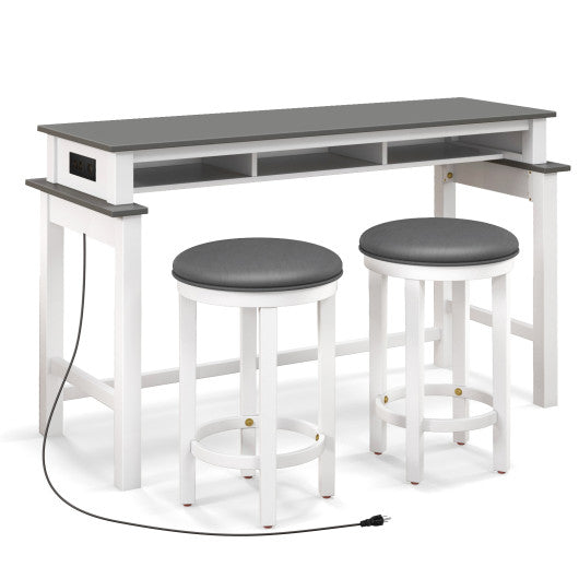 3-Piece Home Bar Set with 2 Upholstered Bar Stools  Outlets and USB Ports-Gray