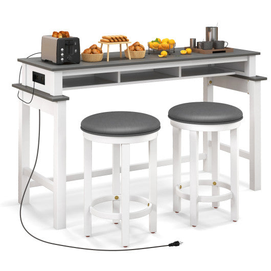 3-Piece Home Bar Set with 2 Upholstered Bar Stools  Outlets and USB Ports-Gray