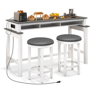 3-Piece Home Bar Set with 2 Upholstered Bar Stools  Outlets and USB Ports-Gray