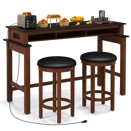 3-Piece Home Bar Set with 2 Upholstered Bar Stools  Outlets and USB Ports-Black