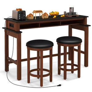 3-Piece Home Bar Set with 2 Upholstered Bar Stools  Outlets and USB Ports-Black