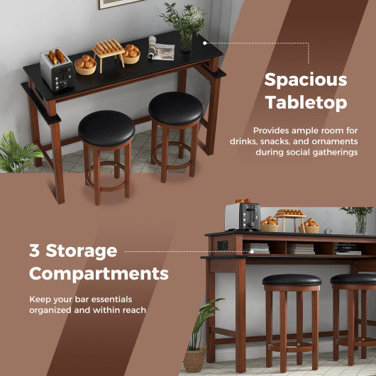 3-Piece Home Bar Set with 2 Upholstered Bar Stools  Outlets and USB Ports-Black