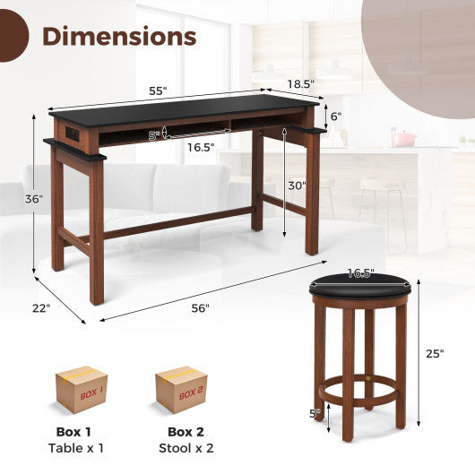 3-Piece Home Bar Set with 2 Upholstered Bar Stools  Outlets and USB Ports-Black