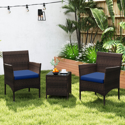 3 Pieces Outdoor Conversation Set with Cushioned Seat and Glass Tabletop-Navy