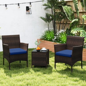 3 Pieces Outdoor Conversation Set with Cushioned Seat and Glass Tabletop-Navy