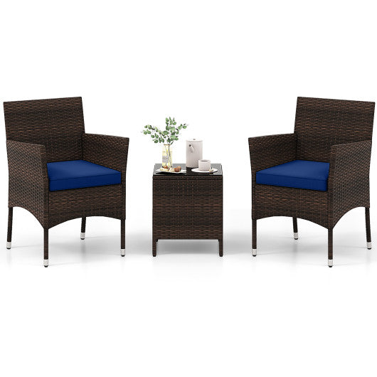 3 Pieces Outdoor Conversation Set with Cushioned Seat and Glass Tabletop-Navy
