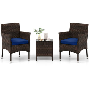 3 Pieces Outdoor Conversation Set with Cushioned Seat and Glass Tabletop-Navy