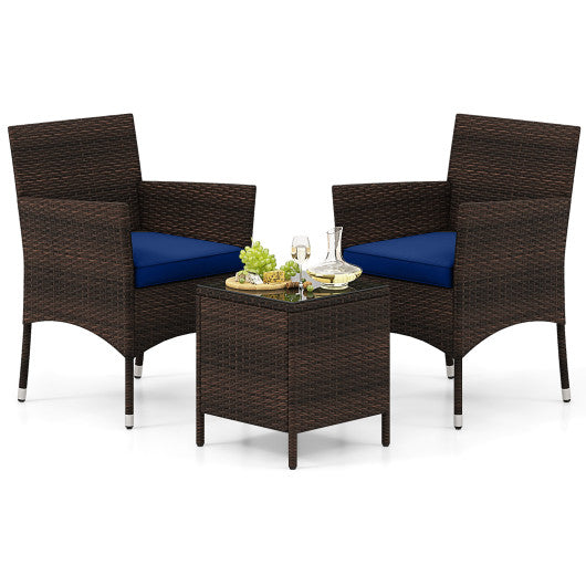 3 Pieces Outdoor Conversation Set with Cushioned Seat and Glass Tabletop-Navy