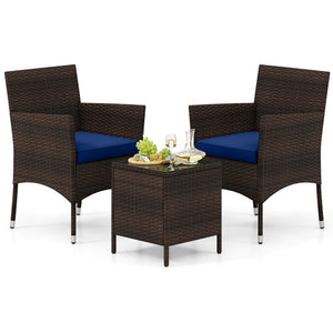 3 Pieces Outdoor Conversation Set with Cushioned Seat and Glass Tabletop-Navy