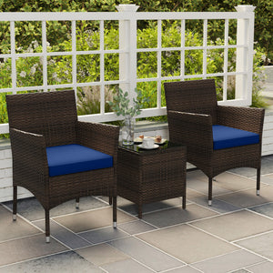 3 Pieces Outdoor Conversation Set with Cushioned Seat and Glass Tabletop-Navy