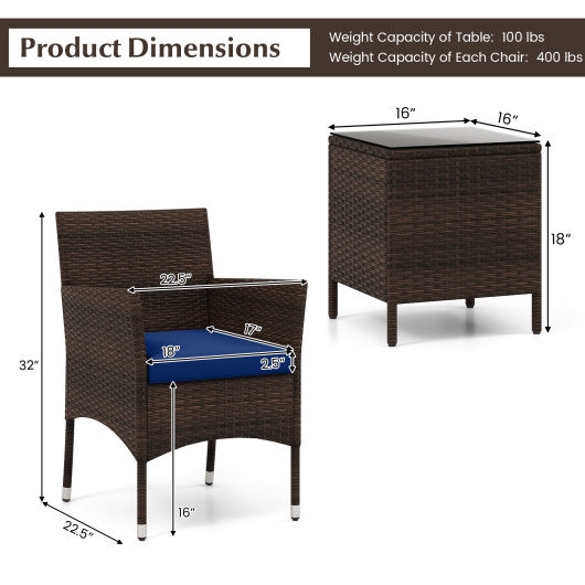 3 Pieces Outdoor Conversation Set with Cushioned Seat and Glass Tabletop-Navy