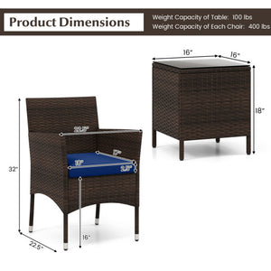 3 Pieces Outdoor Conversation Set with Cushioned Seat and Glass Tabletop-Navy