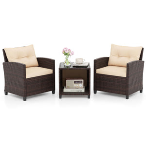 3 Piece Patio Sofa Set Wicker Chairs and Coffee Table with Storage-Beige