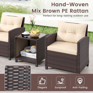 3 Piece Patio Sofa Set Wicker Chairs and Coffee Table with Storage-Beige