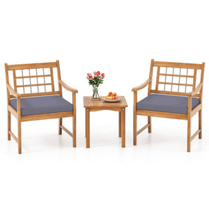 3 Piece Wood Patio Furniture Set with Seat Cushions and Acacia Wood Frame-Gray