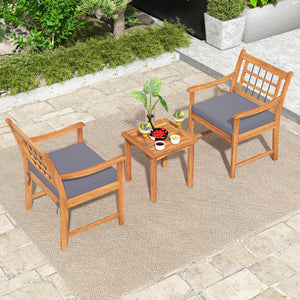3 Piece Wood Patio Furniture Set with Seat Cushions and Acacia Wood Frame-Gray