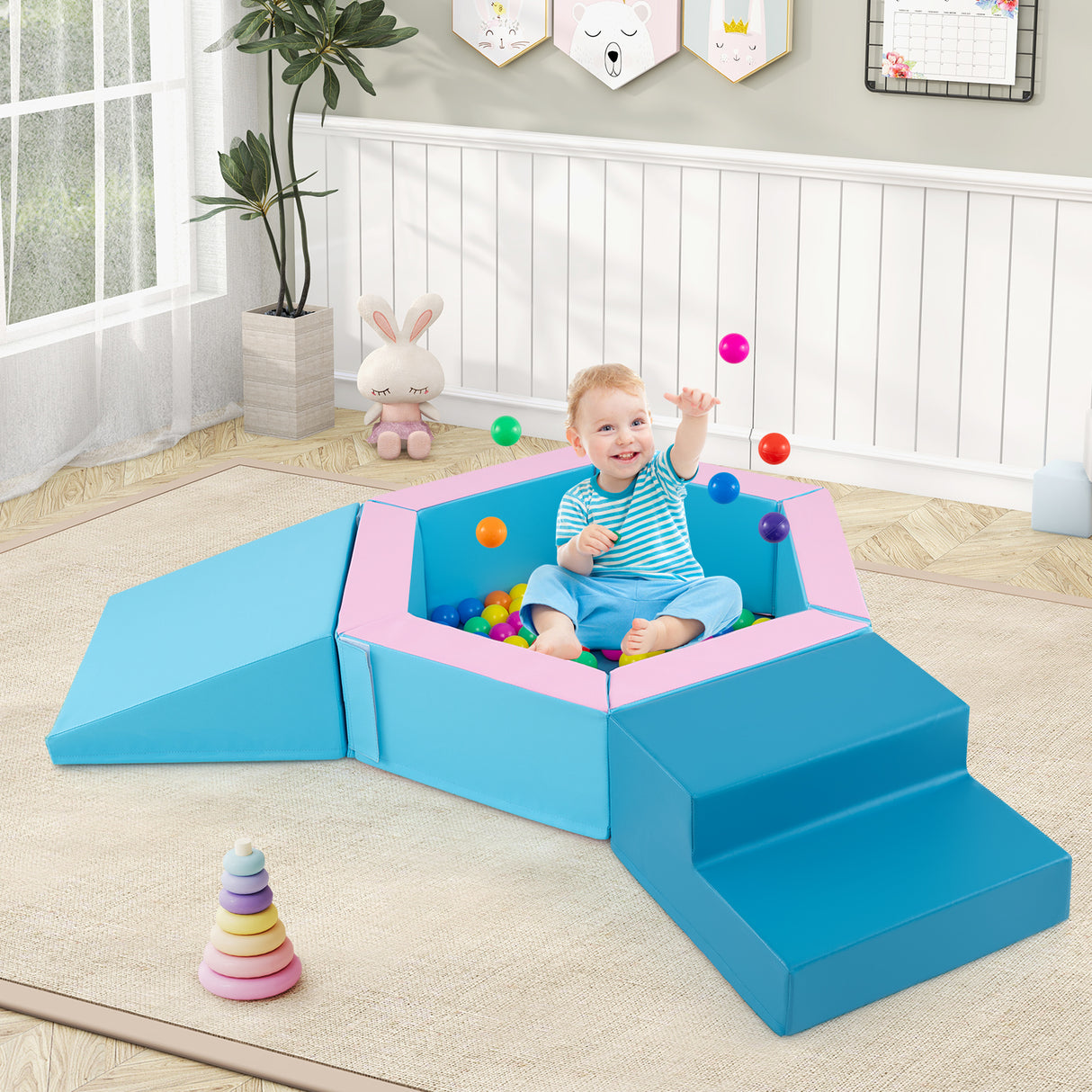 3-Piece Baby Foam Climbing Blocks Climb and Crawl Set with 100 Ocean Balls-Blue