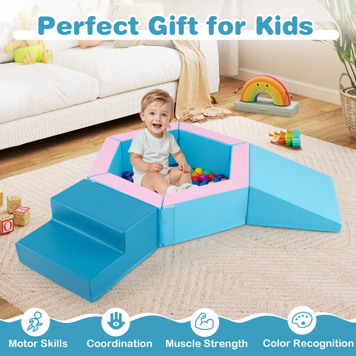 3-Piece Baby Foam Climbing Blocks Climb and Crawl Set with 100 Ocean Balls-Blue