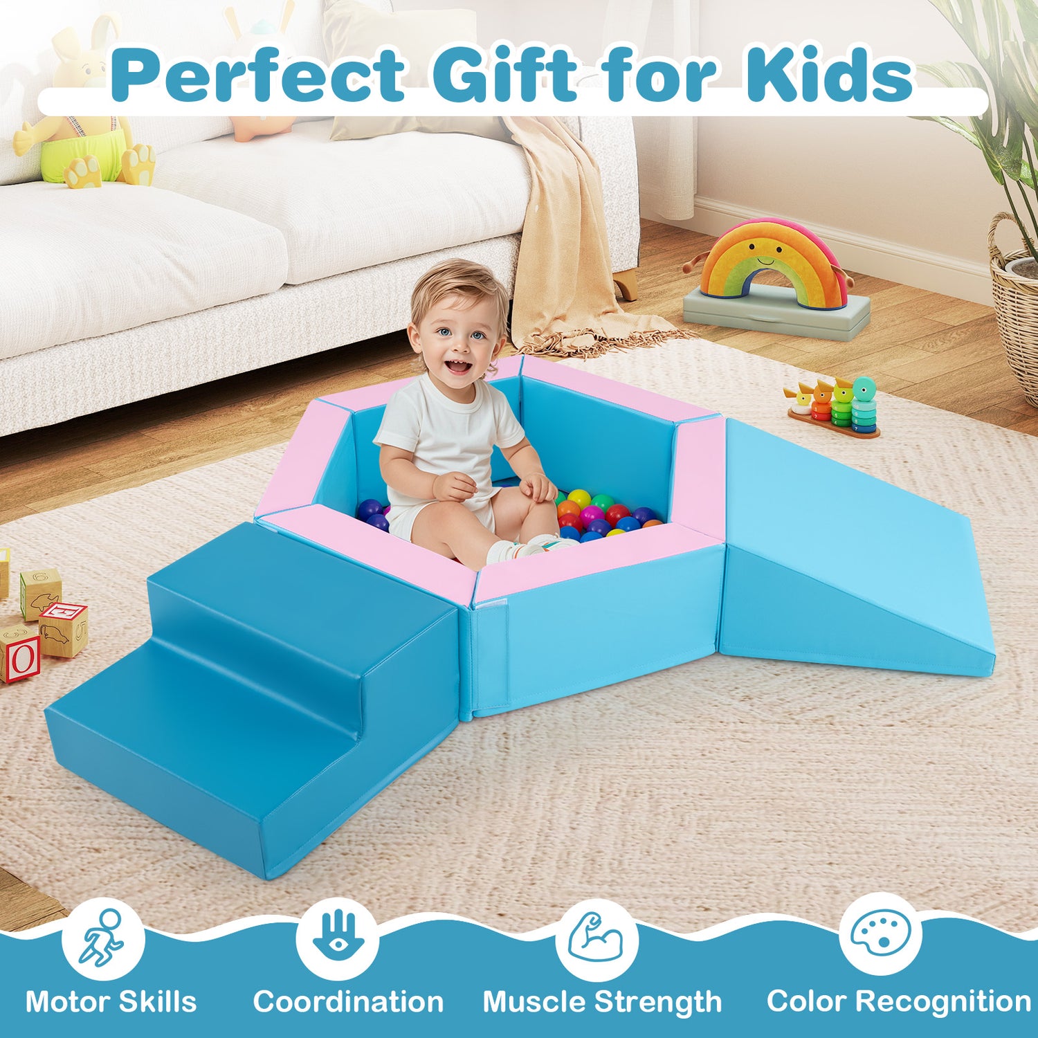 3-Piece Baby Foam Climbing Blocks Climb and Crawl Set with 100 Ocean Balls-Blue