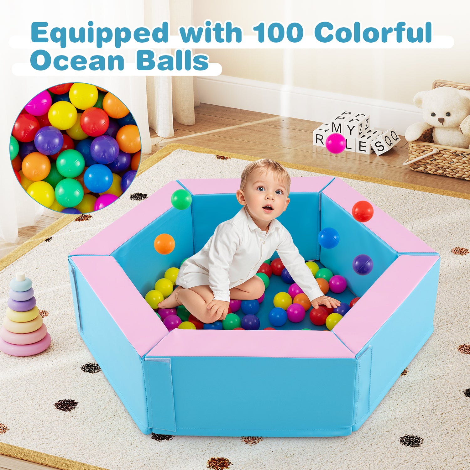 3-Piece Baby Foam Climbing Blocks Climb and Crawl Set with 100 Ocean Balls-Blue