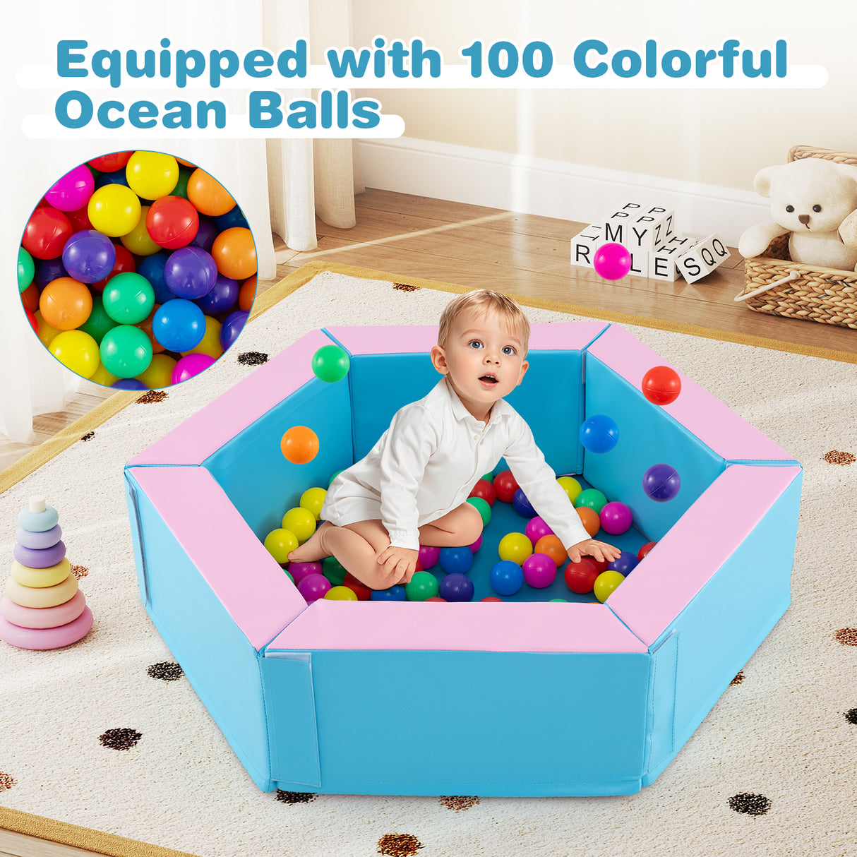 3-Piece Baby Foam Climbing Blocks Climb and Crawl Set with 100 Ocean Balls-Blue
