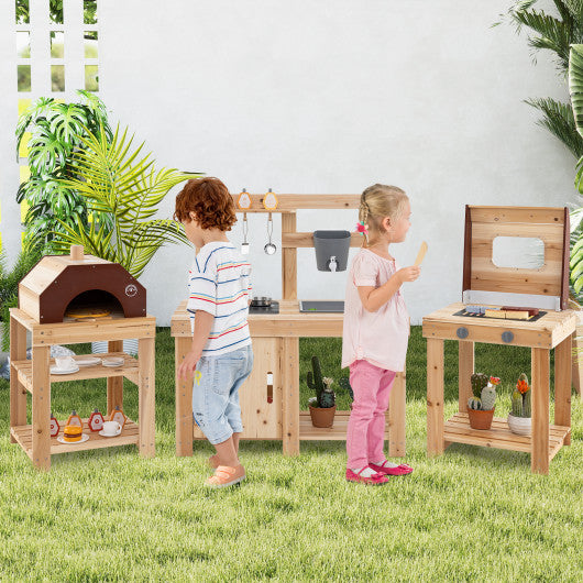 3-Piece Outdoor Kitchen Set Mud Kitchen with Separate BBQ Grill and Pizza Oven-Natural