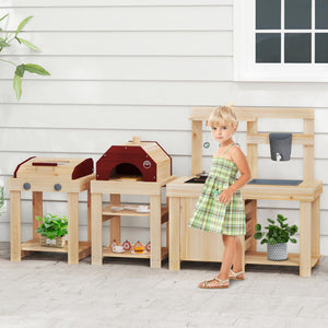 3-Piece Outdoor Kitchen Set Mud Kitchen with Separate BBQ Grill and Pizza Oven-Natural
