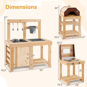 3-Piece Outdoor Kitchen Set Mud Kitchen with Separate BBQ Grill and Pizza Oven-Natural