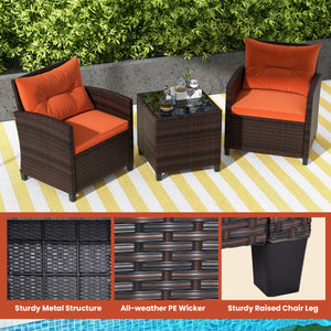 3 Pieces Rattan Patio Furniture Set with Washable Cushion-Orange