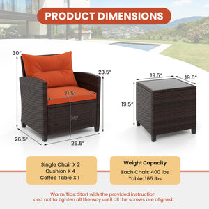 3 Pieces Rattan Patio Furniture Set with Washable Cushion-Orange