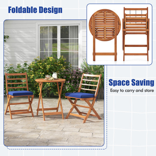 3 Pieces Acacia Wood Patio Bistro Set with Cushions-Navy