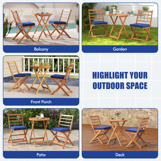 3 Pieces Acacia Wood Patio Bistro Set with Cushions-Navy