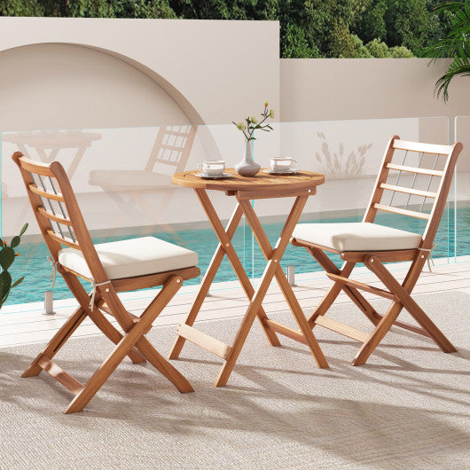 3 Pieces Acacia Wood Patio Bistro Set with Cushions-White