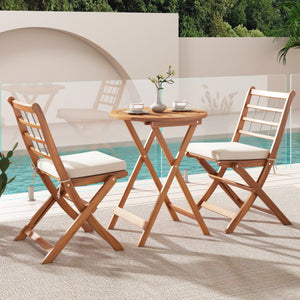 3 Pieces Acacia Wood Patio Bistro Set with Cushions-White