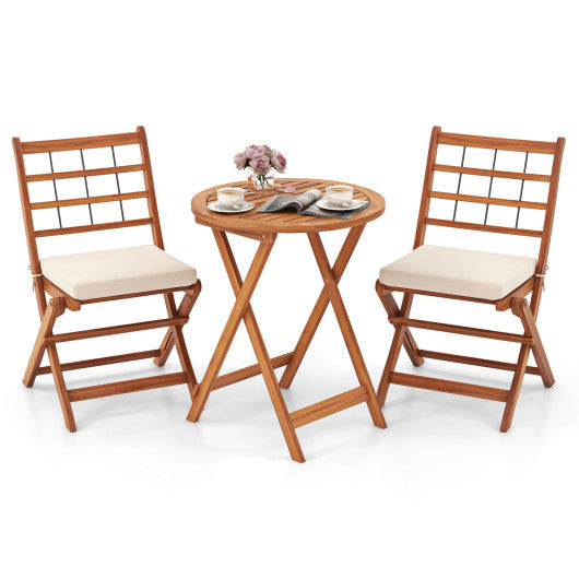 3 Pieces Acacia Wood Patio Bistro Set with Cushions-White