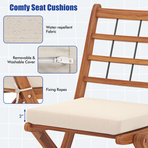 3 Pieces Acacia Wood Patio Bistro Set with Cushions-White