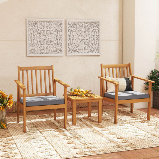 3 Pieces Patio Wood Furniture Set with soft Cushions for Porch-Gray