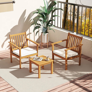 3 Pieces Patio Wood Furniture Set with soft Cushions for Porch-White