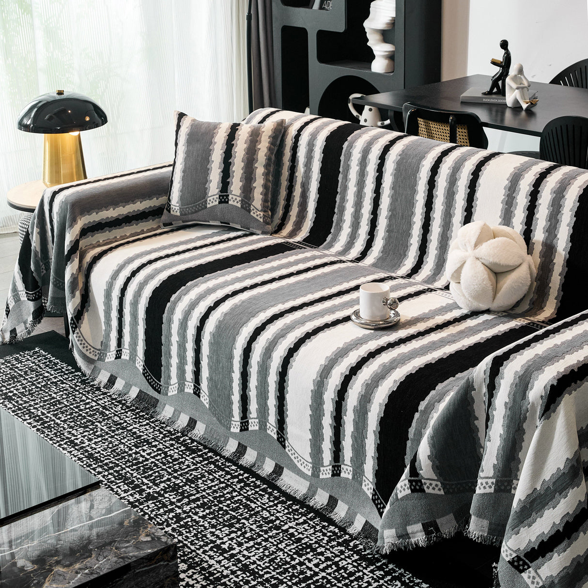 Striped Chenille Sofa Throw Covers, Boho Style Cozy Couch Protector Blanket