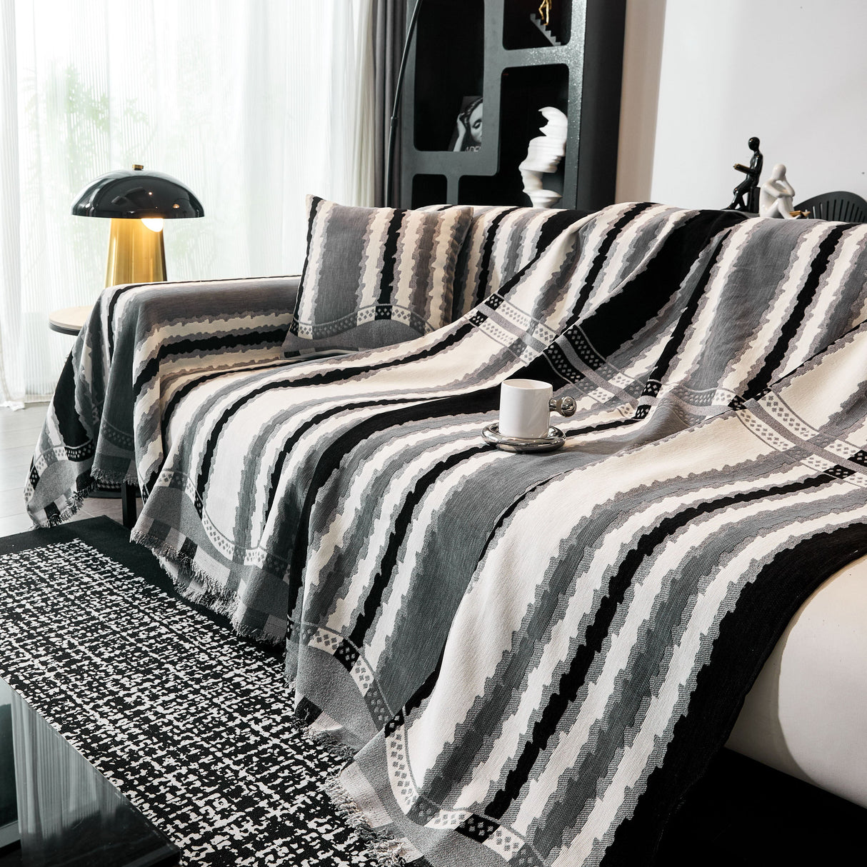 Striped Chenille Sofa Throw Covers, Boho Style Cozy Couch Protector Blanket