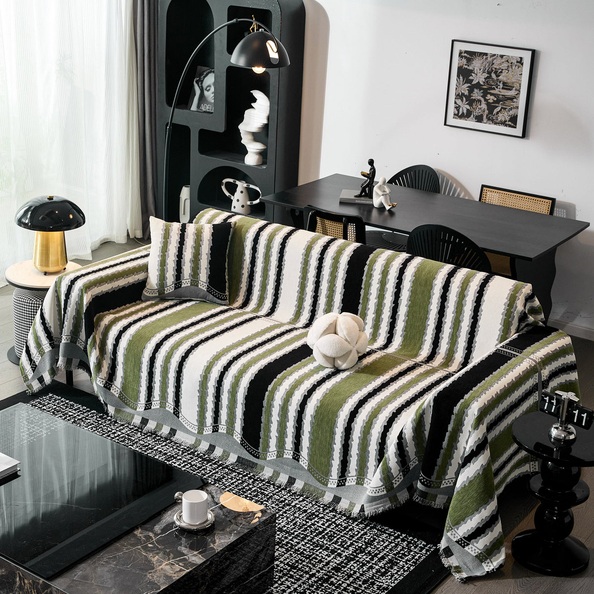 Striped Chenille Sofa Throw Covers, Boho Style Cozy Couch Protector Blanket