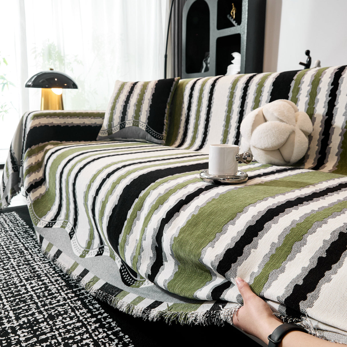 Striped Chenille Sofa Throw Covers, Boho Style Cozy Couch Protector Blanket