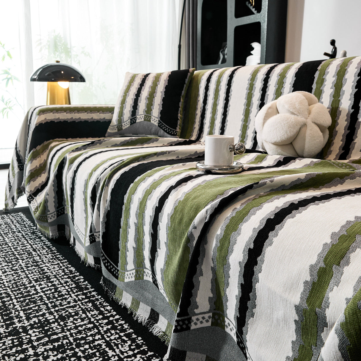 Striped Chenille Sofa Throw Covers, Boho Style Cozy Couch Protector Blanket