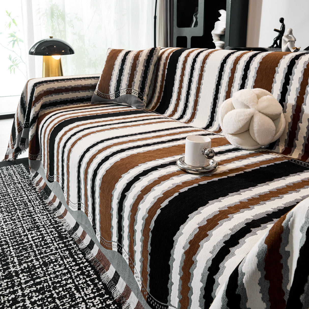 Striped Chenille Sofa Throw Covers, Boho Style Cozy Couch Protector Blanket