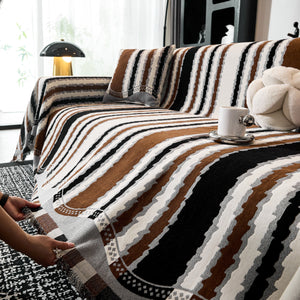 Striped Chenille Sofa Throw Covers, Boho Style Cozy Couch Protector Blanket