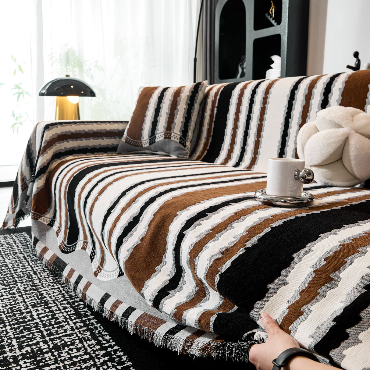Striped Chenille Sofa Throw Covers, Boho Style Cozy Couch Protector Blanket